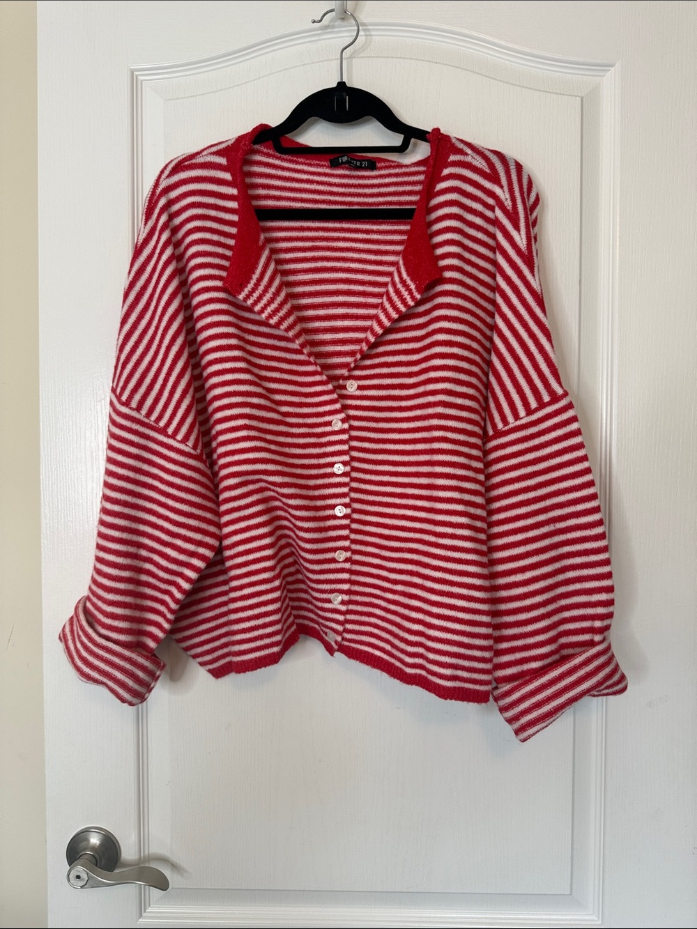 Forever 21 Oversized Boxy Striped Cardigan Sweater Red White XL